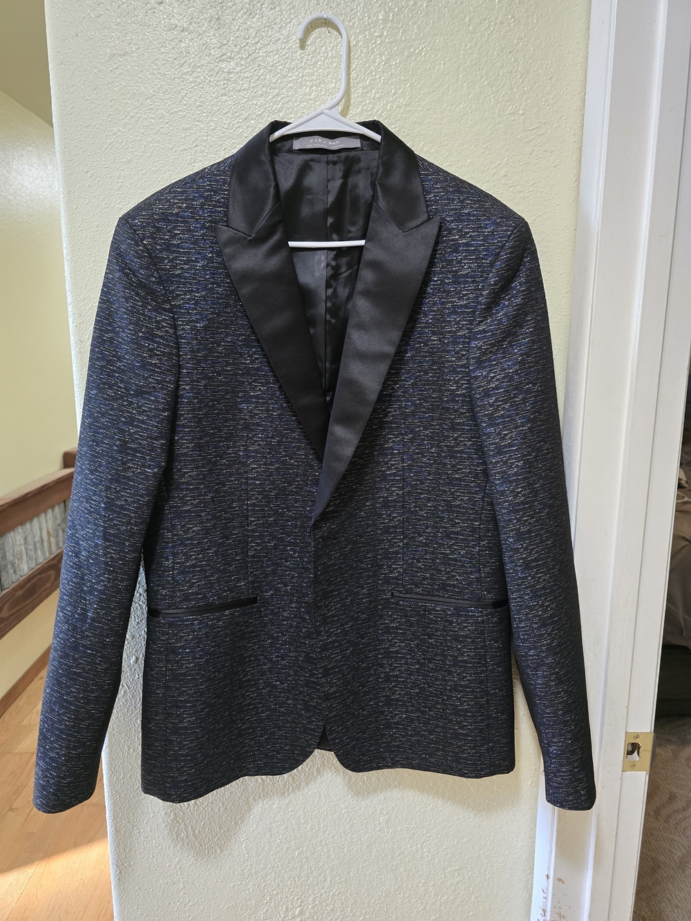 Zara Navy Textured Blazer with Black Satin Lapel